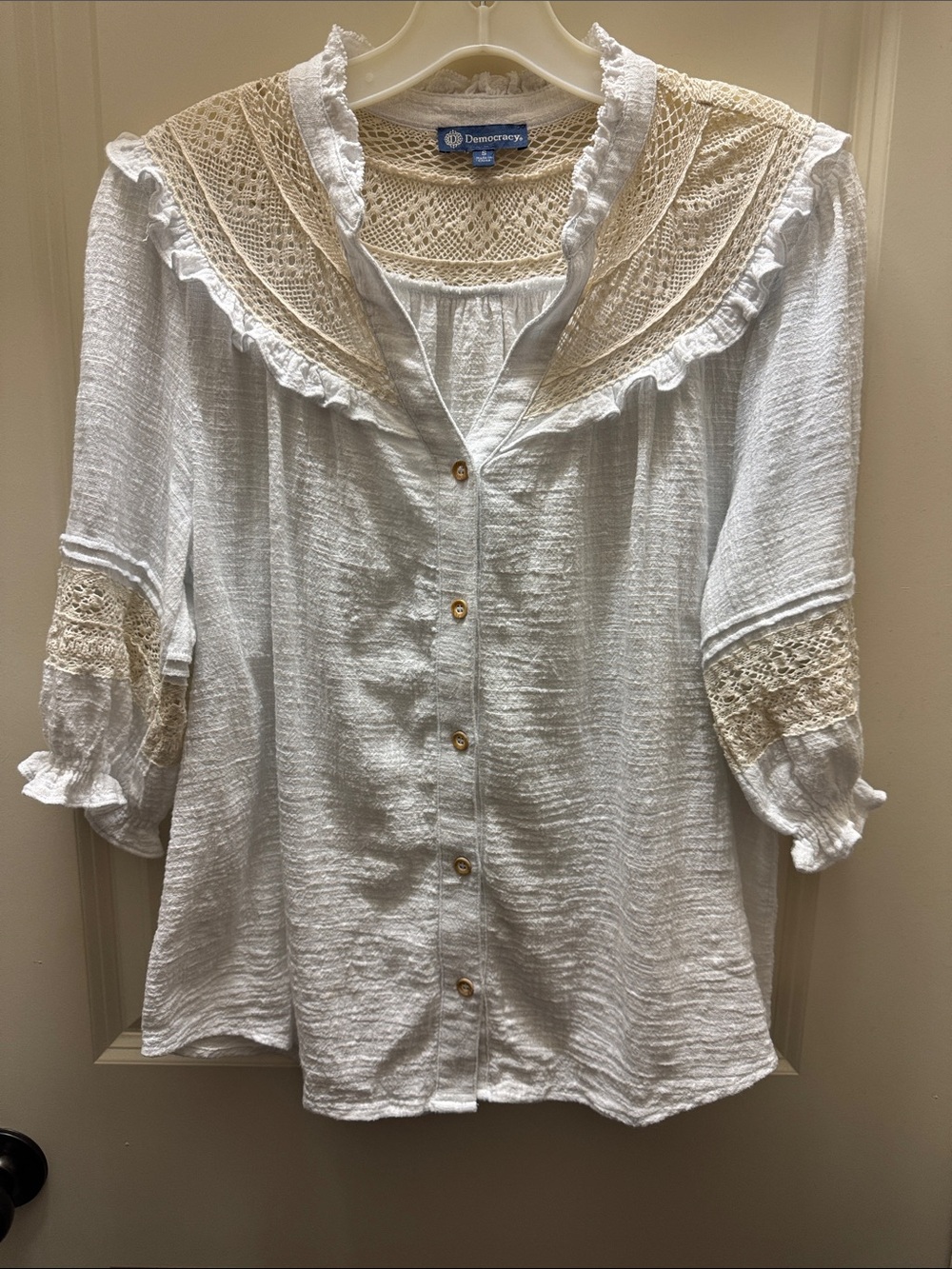 Democracy White Blouse with Cream Lace Yoke
